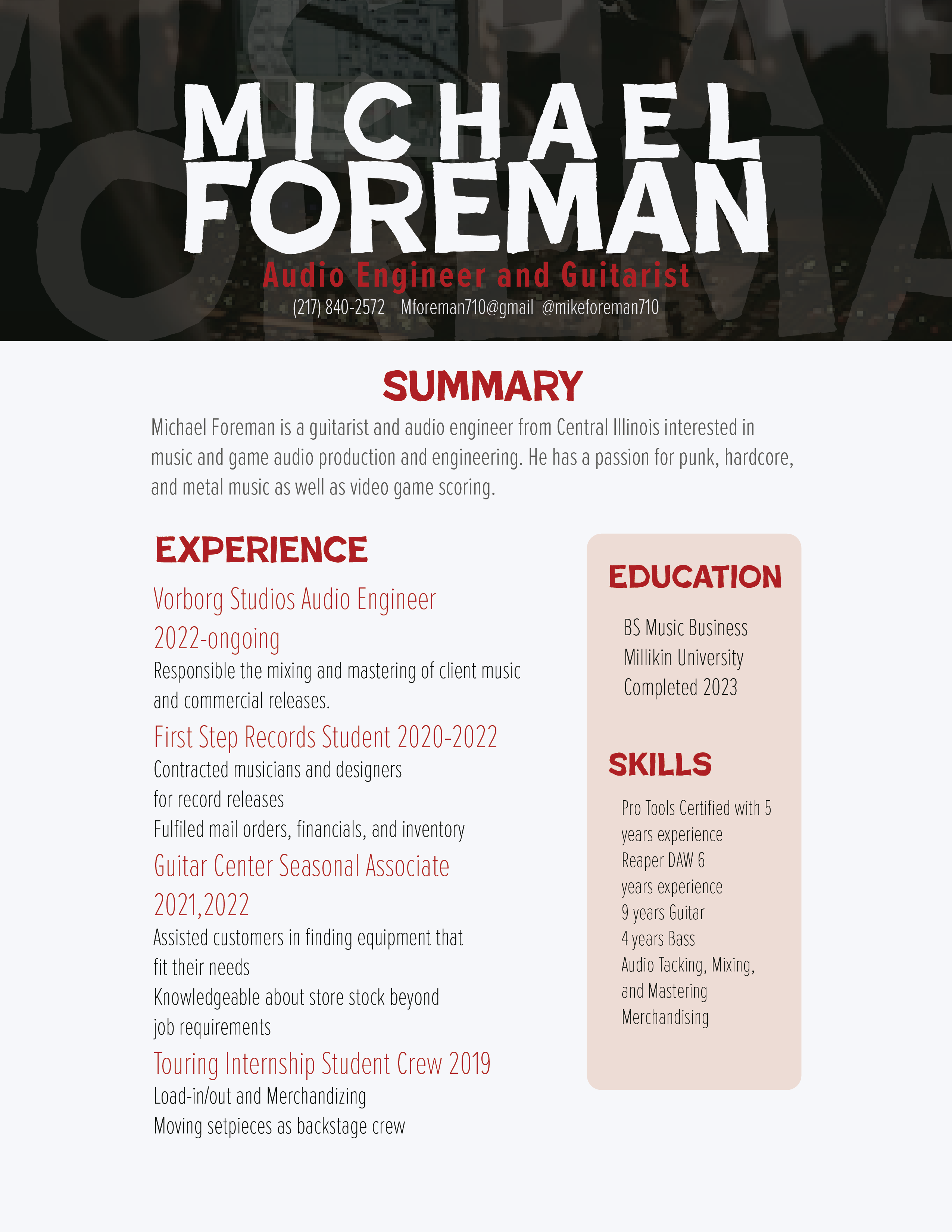 Resume design for an audio engineer insterested in rock, punk, and metal.